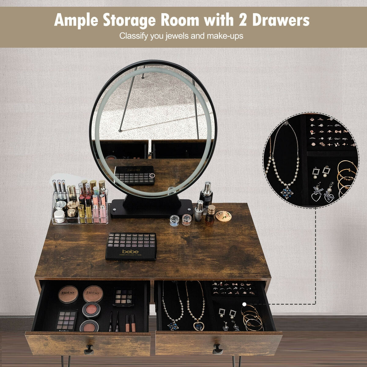 Industrial Vanity Makeup Table with LED Light & 3 Adjustable Color Modes – Rustic Brown