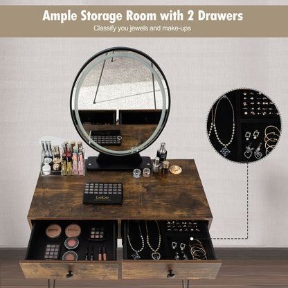 Industrial Vanity Makeup Table with LED Light & 3 Adjustable Color Modes – Rustic Brown