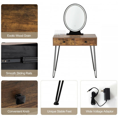 Industrial Vanity Makeup Table with LED Light & 3 Adjustable Color Modes – Rustic Brown