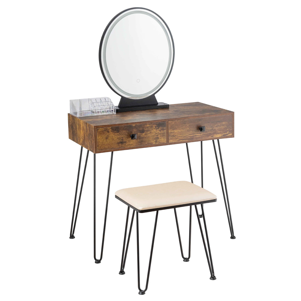 Industrial Vanity Makeup Table with LED Light & 3 Adjustable Color Modes – Rustic Brown