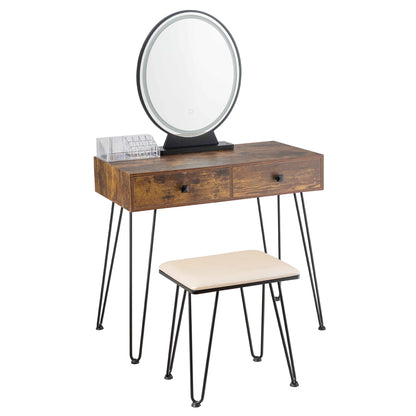 Industrial Vanity Makeup Table with LED Light & 3 Adjustable Color Modes – Rustic Brown