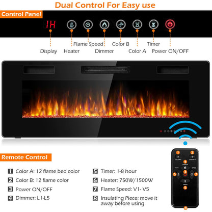 50 Inch Ultra Slim Recessed Electric Fireplace with Adjustable Timer