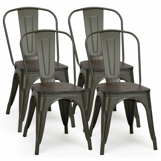 Set of 4 Industrial Metal Dining Chairs with Wood Seat - Gunmetal