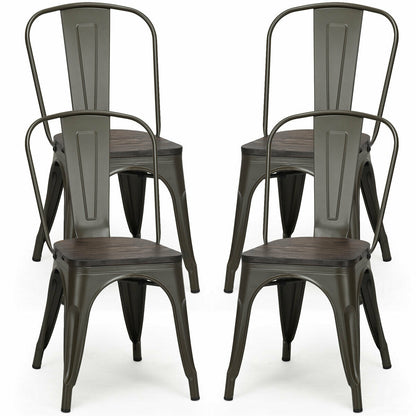 Set of 4 Industrial Metal Dining Chairs with Wood Seat - Gunmetal