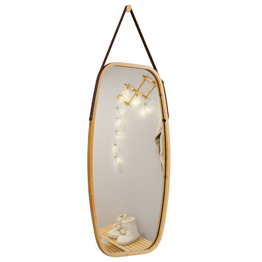 30 Inch Modern Bamboo Framed Wall Mirror with Adjustable Leather Strap