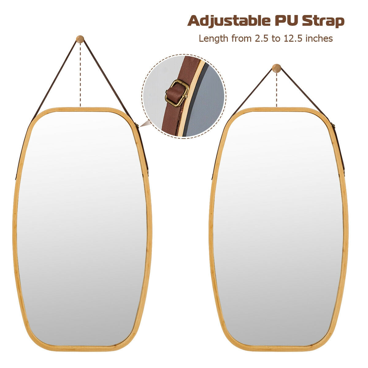 30 Inch Modern Bamboo Framed Wall Mirror with Adjustable Leather Strap