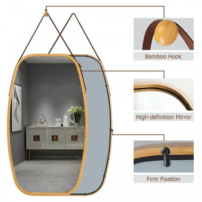 30 Inch Modern Bamboo Framed Wall Mirror with Adjustable Leather Strap