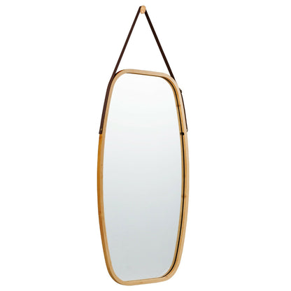 30 Inch Modern Bamboo Framed Wall Mirror with Adjustable Leather Strap