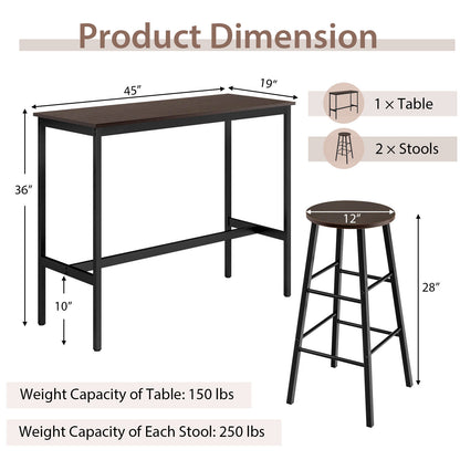 3 Piece Bar Height Dining Set with Table and 2 Stools for Kitchen or Apartment Use
