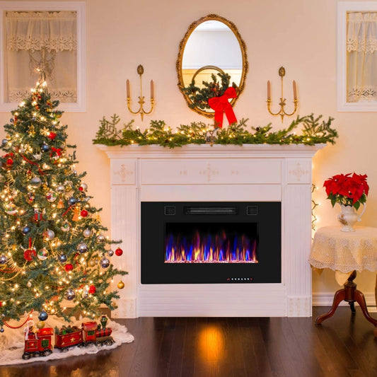 30 Inch Recessed Ultra Thin Electric Fireplace Heater with Tempered Glass Front