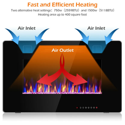 30 Inch Recessed Ultra Thin Electric Fireplace Heater with Tempered Glass Front