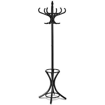 Wooden Standing Coat Rack with 12 Hooks and Umbrella Stand in Black