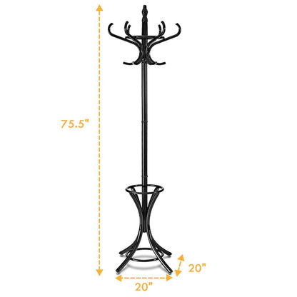 Wooden Standing Coat Rack with 12 Hooks and Umbrella Stand in Black