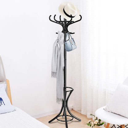 Wooden Standing Coat Rack with 12 Hooks and Umbrella Stand in Black