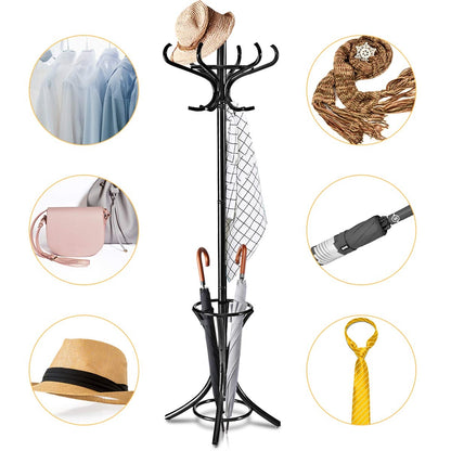 Wooden Standing Coat Rack with 12 Hooks and Umbrella Stand in Black