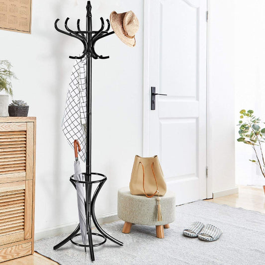 Wooden Standing Coat Rack with 12 Hooks and Umbrella Stand in Black