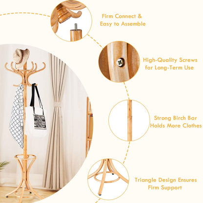 Wooden Standing Coat Rack with 12 Hooks and Umbrella Stand in Natural
