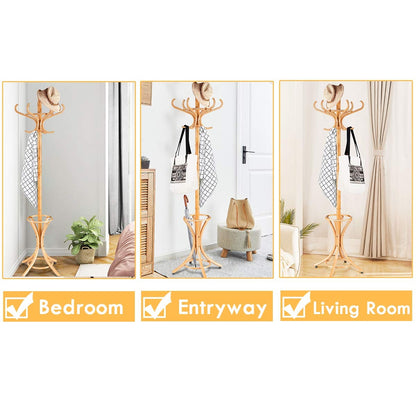 Wooden Standing Coat Rack with 12 Hooks and Umbrella Stand in Natural