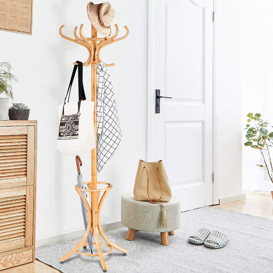 Wooden Standing Coat Rack with 12 Hooks and Umbrella Stand in Natural