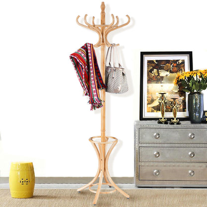 Wooden Standing Coat Rack with 12 Hooks and Umbrella Stand in Natural