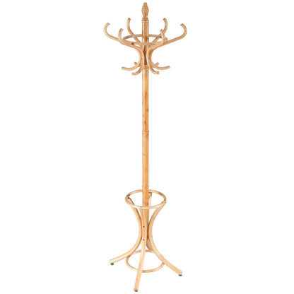 Wooden Standing Coat Rack with 12 Hooks and Umbrella Stand in Natural