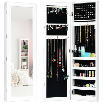 Wall & Door Mounted Jewelry Cabinet with Full-Length Mirror and Lockable Storage, White MDF