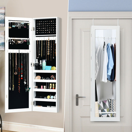 Wall & Door Mounted Jewelry Cabinet with Full-Length Mirror and Lockable Storage, White MDF
