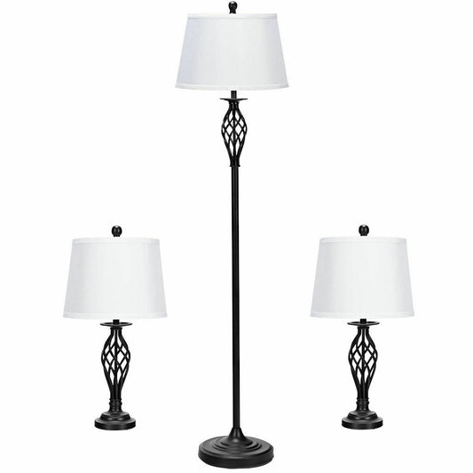 Elegant 3 Piece Lamp Set with 2 Table Lamps and 1 Floor Lamp Featuring Fabric Shades