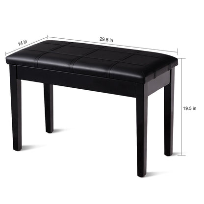 Double Duet Piano Bench with Storage and PU Leather Upholstery Solid Wood Frame - Black