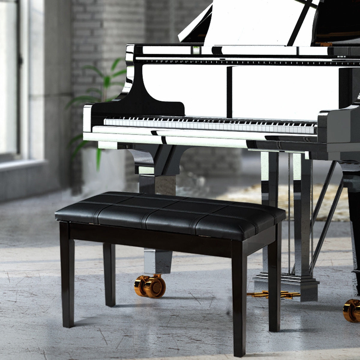 Double Duet Piano Bench with Storage and PU Leather Upholstery Solid Wood Frame - Black