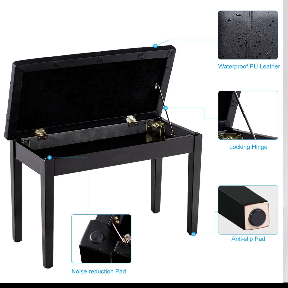Double Duet Piano Bench with Storage and PU Leather Upholstery Solid Wood Frame - Black