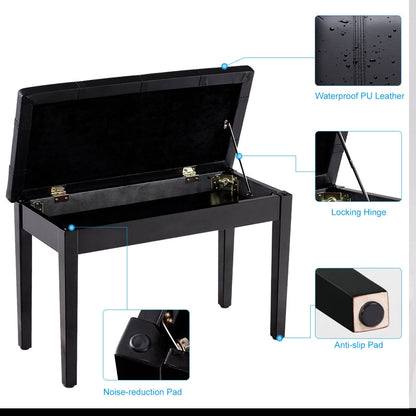 Double Duet Piano Bench with Storage and PU Leather Upholstery Solid Wood Frame - Black