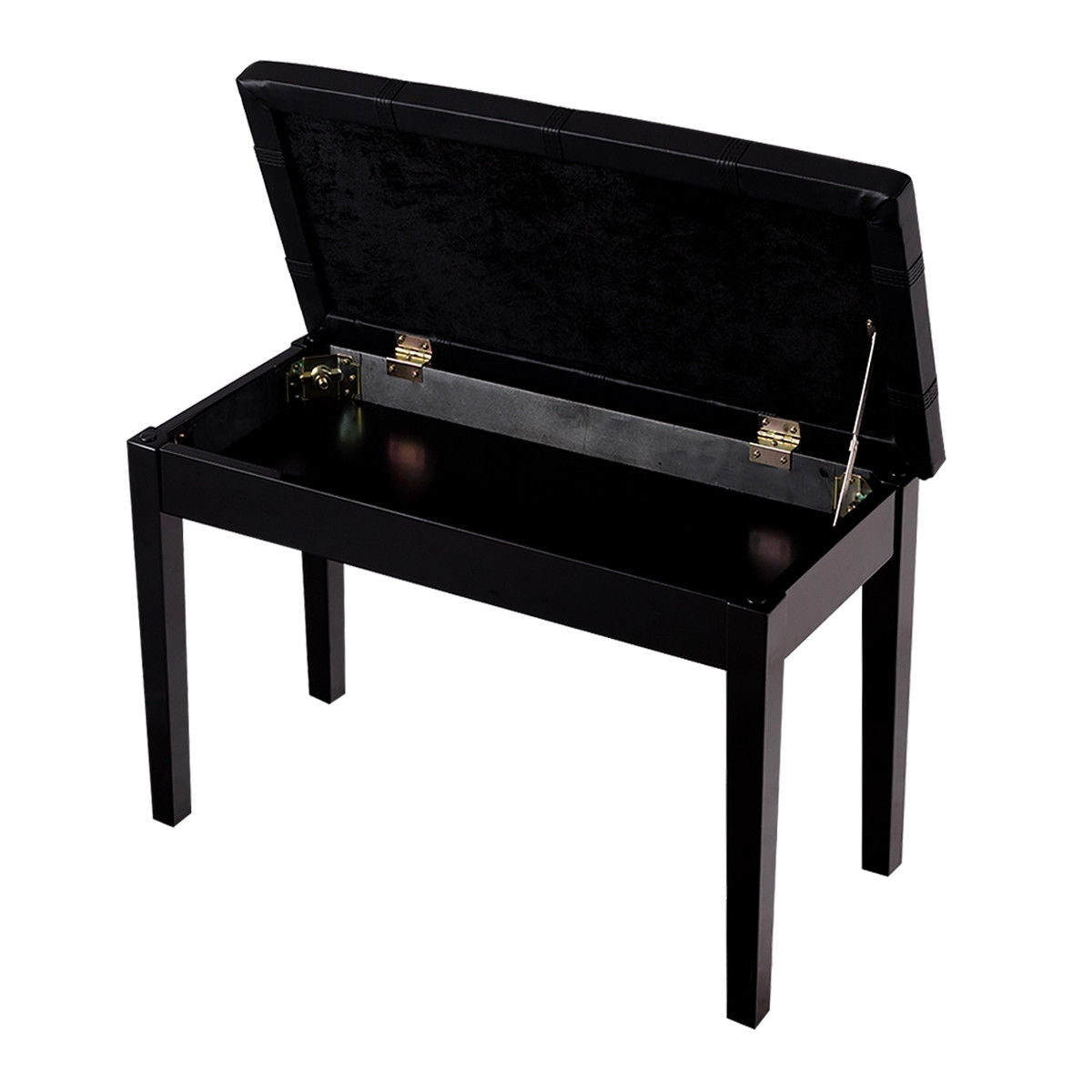 Double Duet Piano Bench with Storage and PU Leather Upholstery Solid Wood Frame - Black