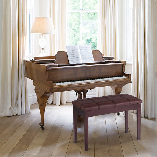 Double Duet Piano Bench with Storage and PU Leather Upholstery Solid Wood Frame - Brown