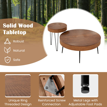 Boho Nesting Coffee Table Set of 2 with Solid Pine Wood Tops and Sturdy Metal Legs