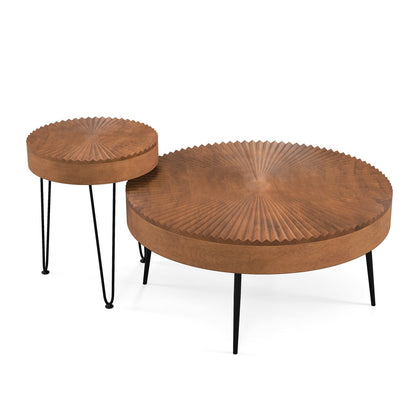 Boho Nesting Coffee Table Set of 2 with Solid Pine Wood Tops and Sturdy Metal Legs