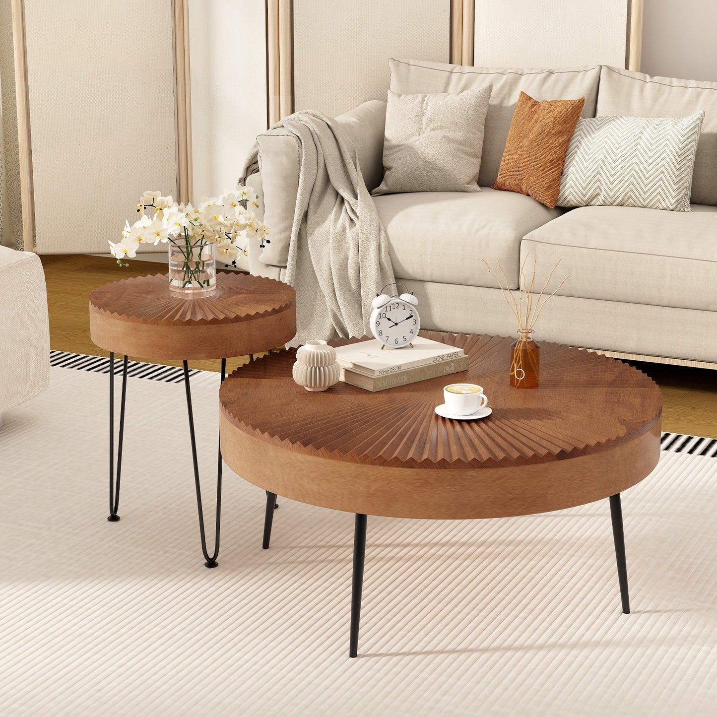 Boho Nesting Coffee Table Set of 2 with Solid Pine Wood Tops and Sturdy Metal Legs