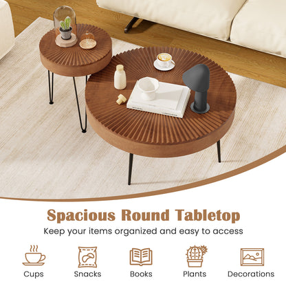 Boho Nesting Coffee Table Set of 2 with Solid Pine Wood Tops and Sturdy Metal Legs