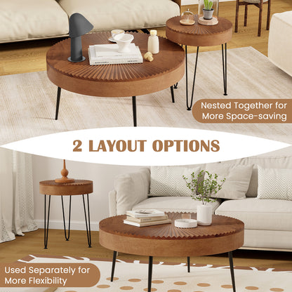 Boho Nesting Coffee Table Set of 2 with Solid Pine Wood Tops and Sturdy Metal Legs