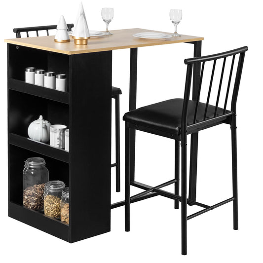 3 Piece Counter Height Dining Set with Storage Shelves and PU Leather Chairs in Natural Wood Finish