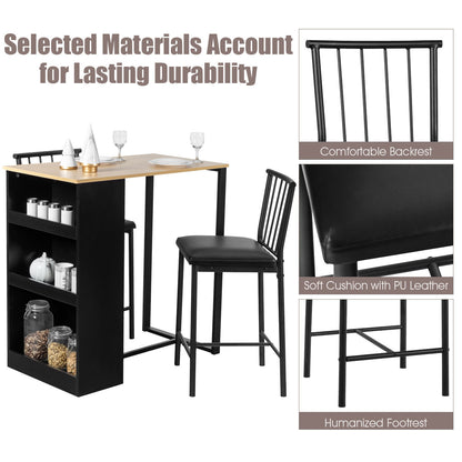 3 Piece Counter Height Dining Set with Storage Shelves and PU Leather Chairs in Natural Wood Finish