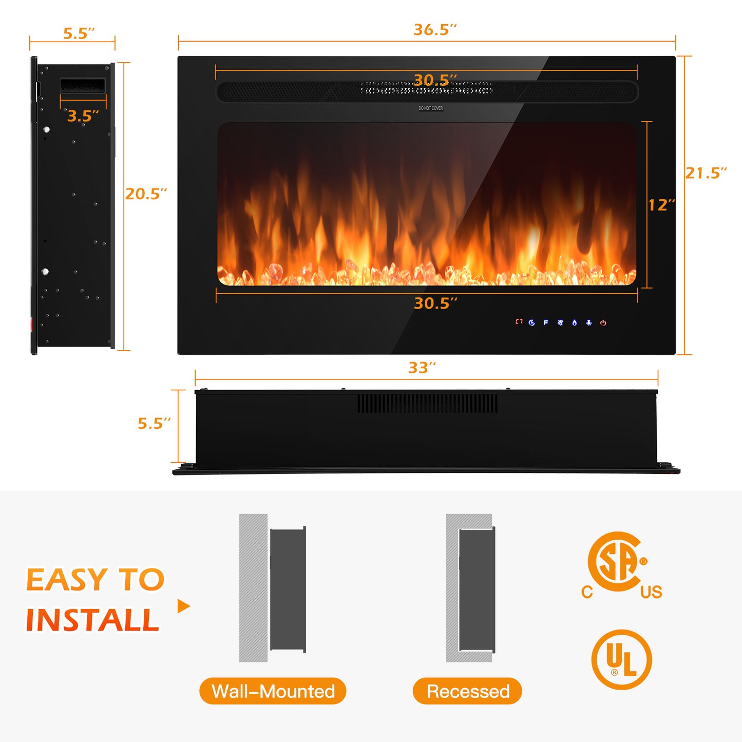 36 Inch Wall Mounted Electric Fireplace Insert with Timer