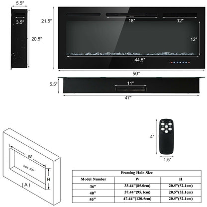 50 Inch Wall Mounted/Recessed Electric Fireplace Insert with Adjustable Brightness