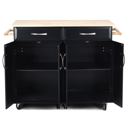 Kitchen Island Cart with Rubber Wood Top and Lockable Rolling Wheels, Black