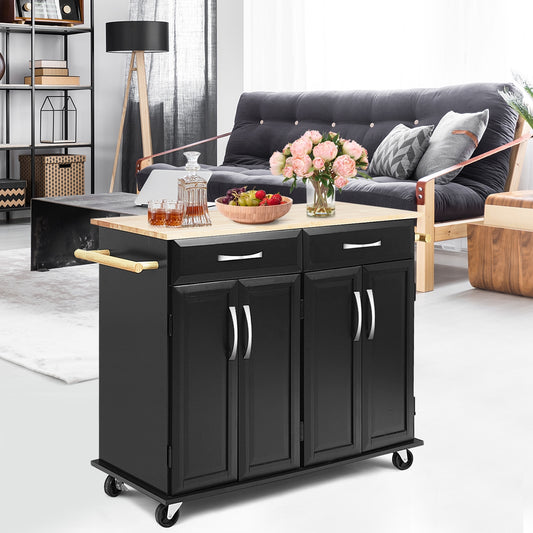 Kitchen Island Cart with Rubber Wood Top and Lockable Rolling Wheels, Black