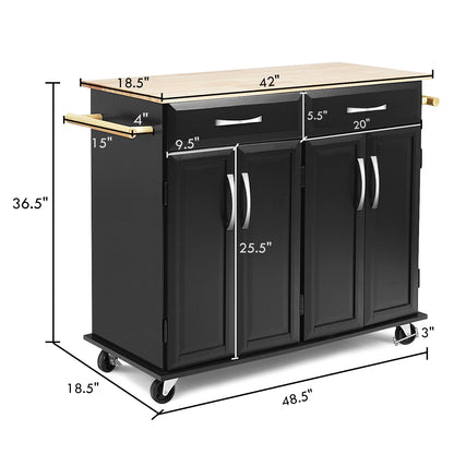 Kitchen Island Cart with Rubber Wood Top and Lockable Rolling Wheels, Black