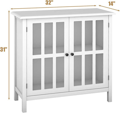 Modern Glass Door Buffet Cabinet with Adjustable Shelves and Storage Drawers - White