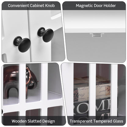 Modern Glass Door Buffet Cabinet with Adjustable Shelves and Storage Drawers - White