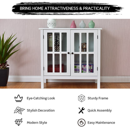 Modern Glass Door Buffet Cabinet with Adjustable Shelves and Storage Drawers - White