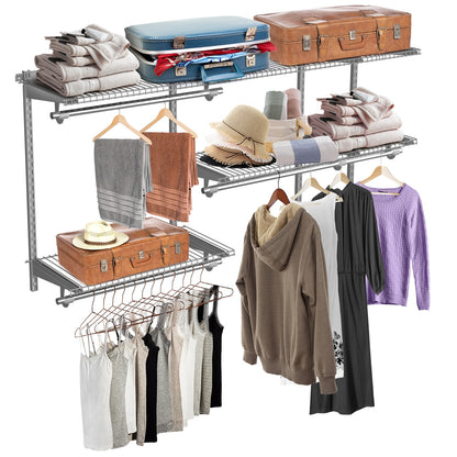 Adjustable Wall-Mounted Closet Organizer Kit with Shelves and Hanging Rods for 3 to 5 Ft Spaces – Grey